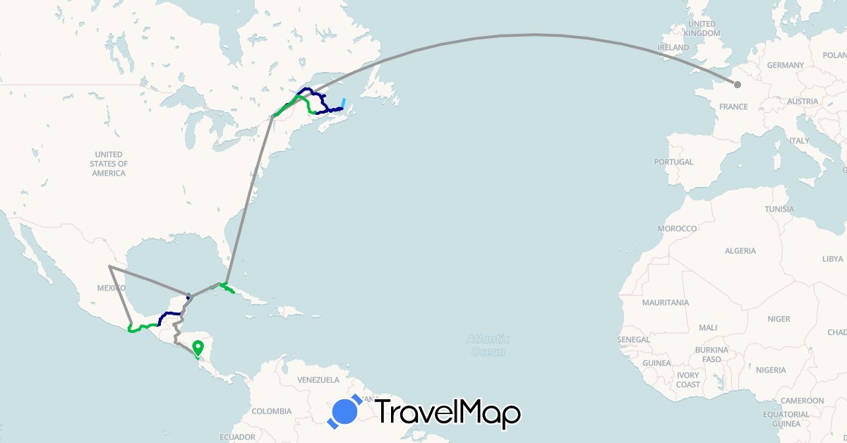 TravelMap itinerary: driving, bus, plane, boat in Canada, Cuba, France, Mexico, Nicaragua, El Salvador (Europe, North America)